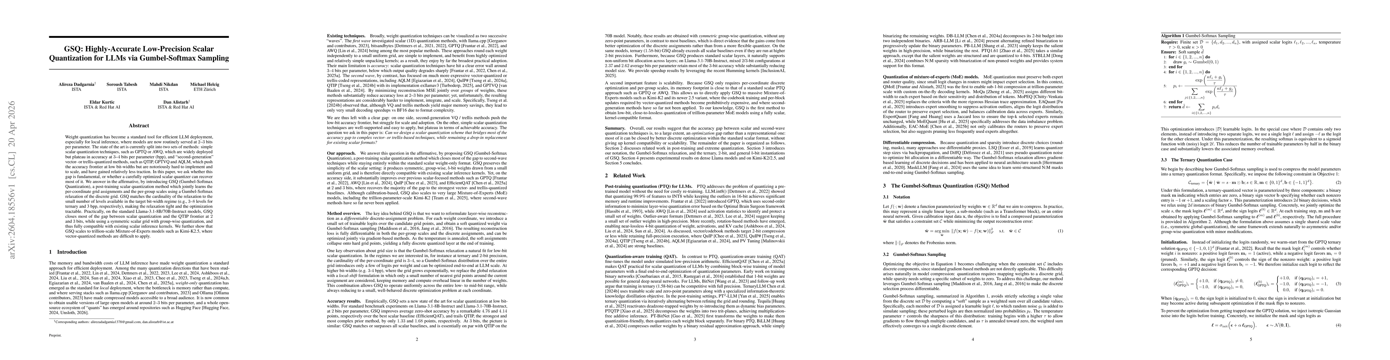 Thumbnail for GSQ: Highly-Accurate Low-Precision Scalar Quantization for LLMs via Gumbel-Softmax Sampling