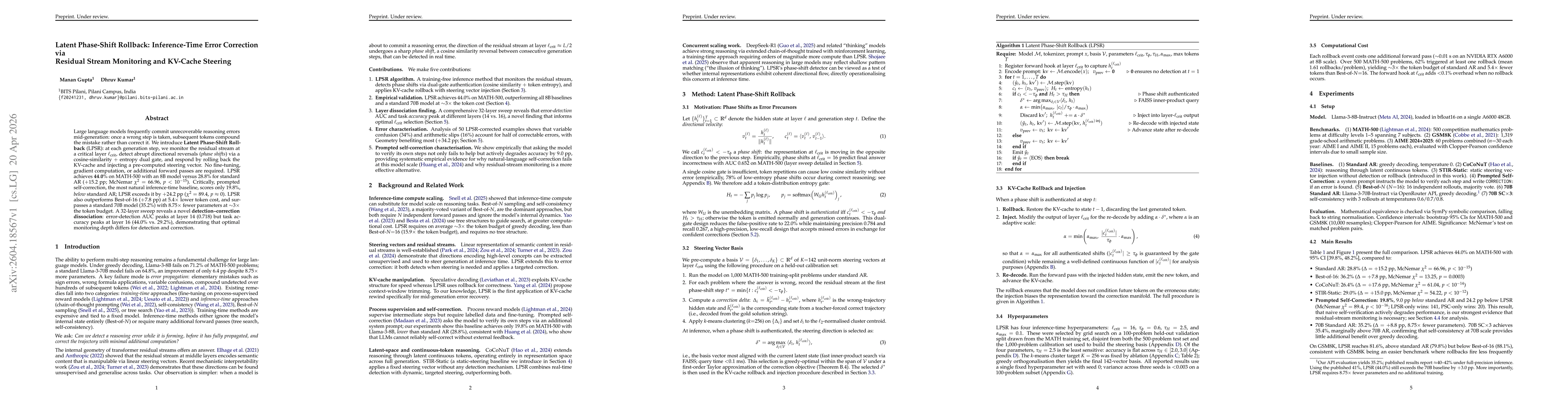 Thumbnail for Latent Phase-Shift Rollback: Inference-Time Error Correction via Residual Stream Monitoring and KV-Cache Steering