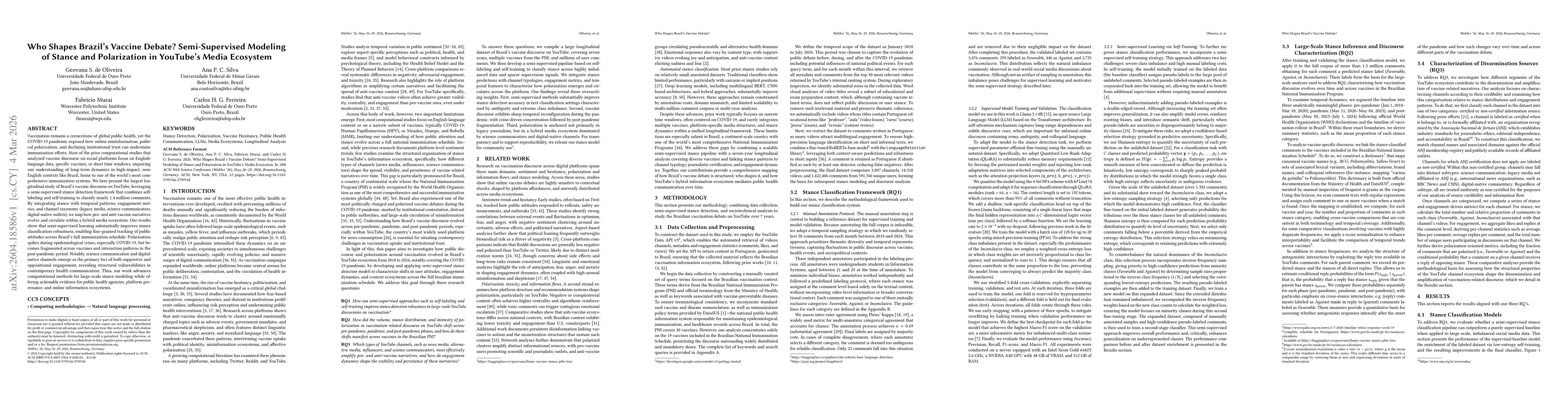 Thumbnail for Who Shapes Brazil's Vaccine Debate? Semi-Supervised Modeling of Stance and Polarization in YouTube's Media Ecosystem