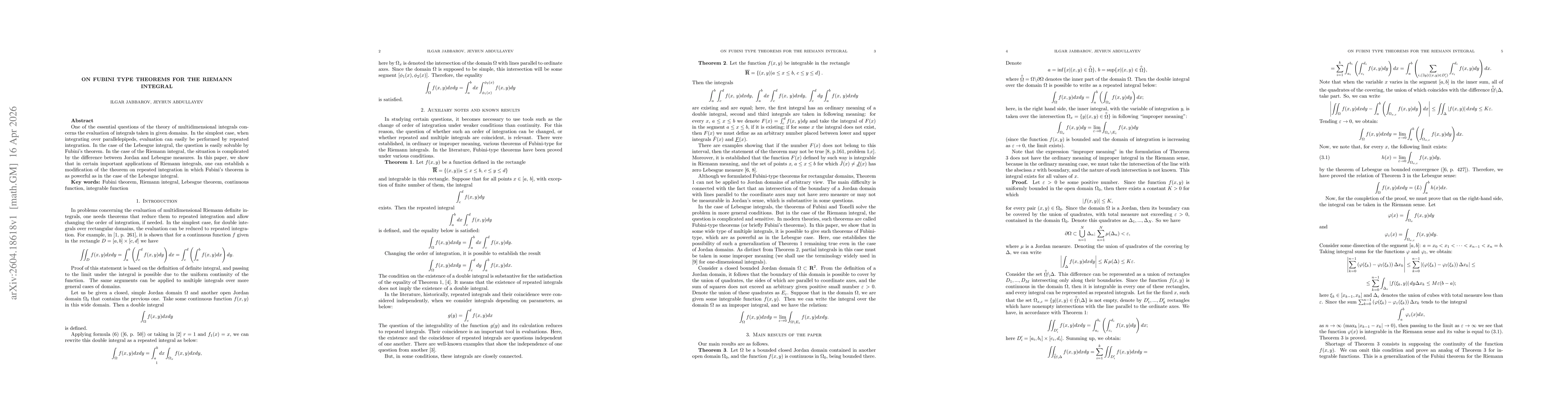 Thumbnail for On Fubini type theorems for the Riemann integral