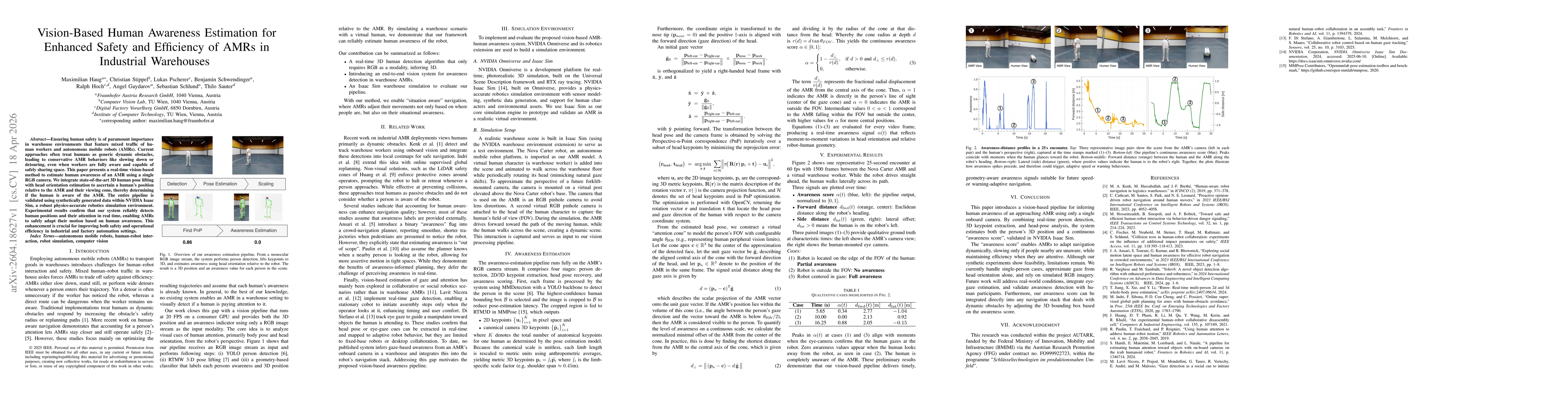 Thumbnail for Vision-Based Human Awareness Estimation for Enhanced Safety and Efficiency of AMRs in Industrial Warehouses