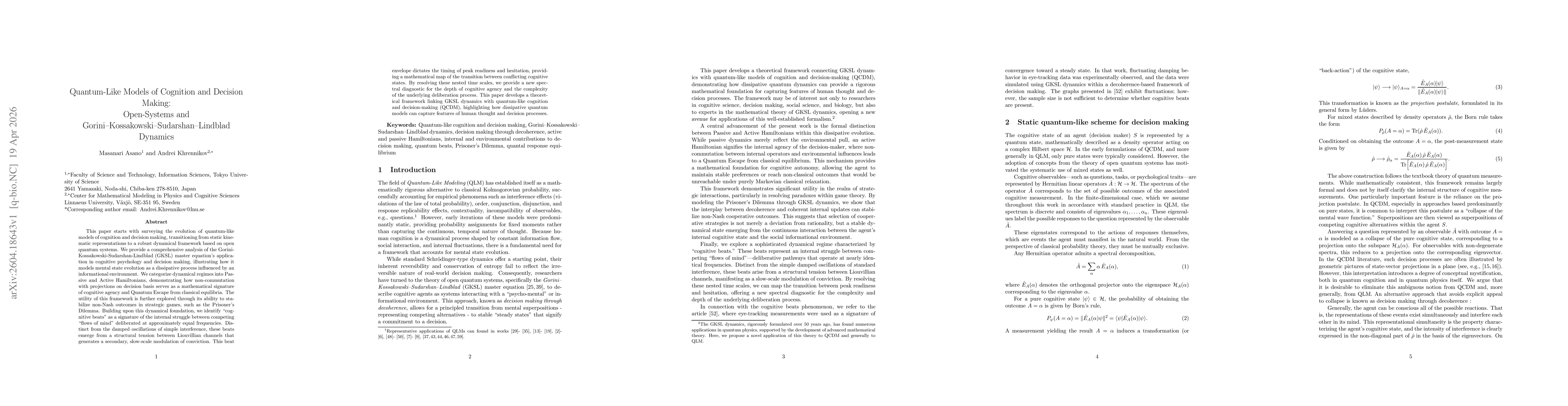 Thumbnail for Quantum-Like Models of Cognition and Decision Making: Open-Systems and Gorini--Kossakowski--Sudarshan--Lindblad Dynamics