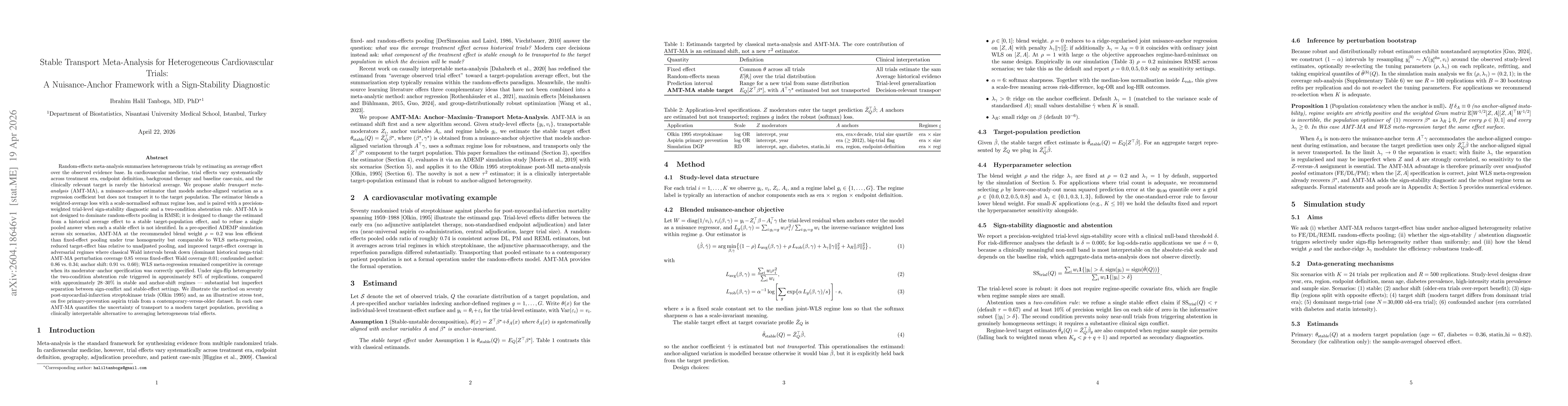 Thumbnail for Stable Transport Meta-Analysis for Heterogeneous Cardiovascular Trials: A Nuisance-Anchor Framework with a Sign-Stability Diagnostic