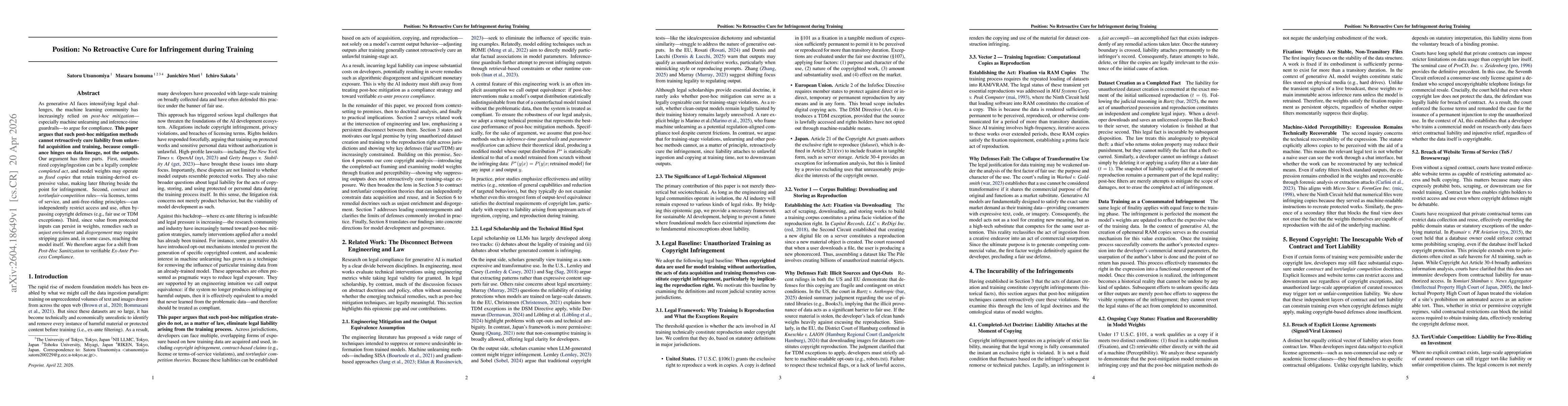Thumbnail for Position: No Retroactive Cure for Infringement during Training