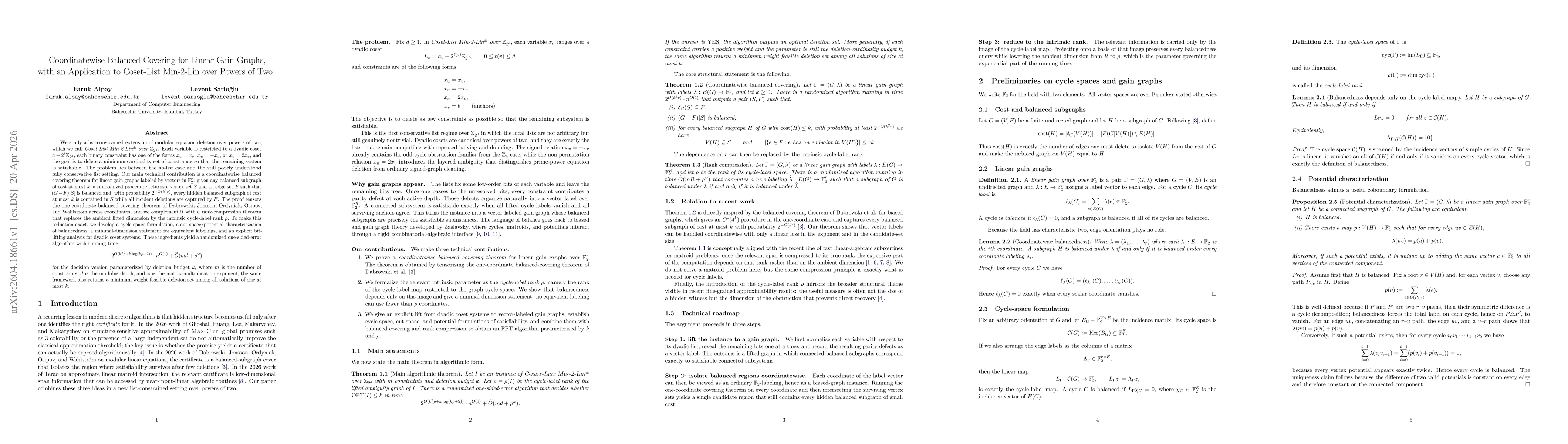 Thumbnail for Coordinatewise Balanced Covering for Linear Gain Graphs, with an Application to Coset-List Min-2-Lin over Powers of Two
