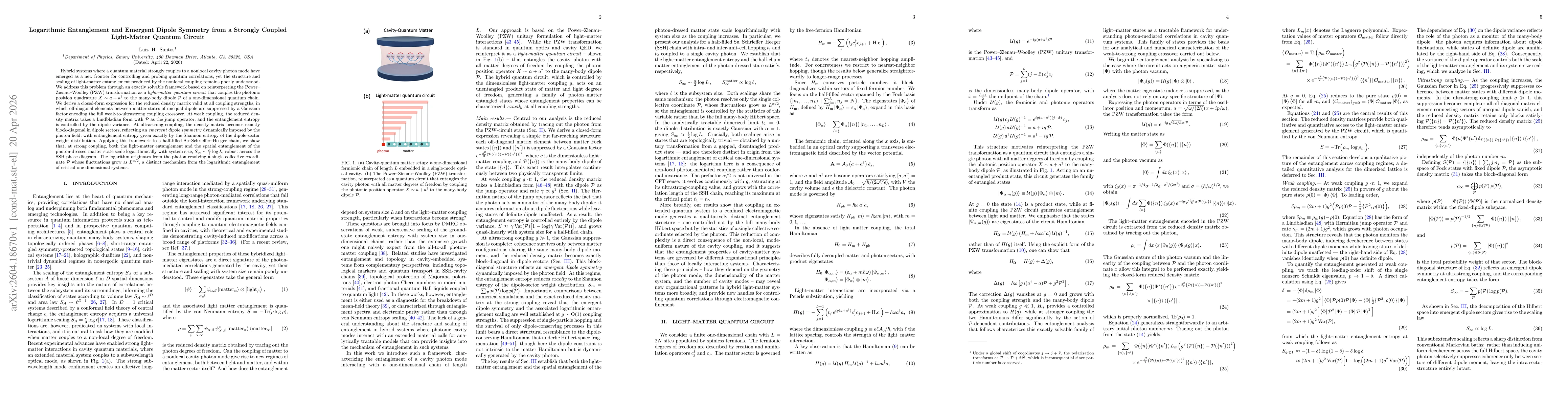 Thumbnail for Logarithmic Entanglement and Emergent Dipole Symmetry from a Strongly Coupled Light-Matter Quantum Circuit