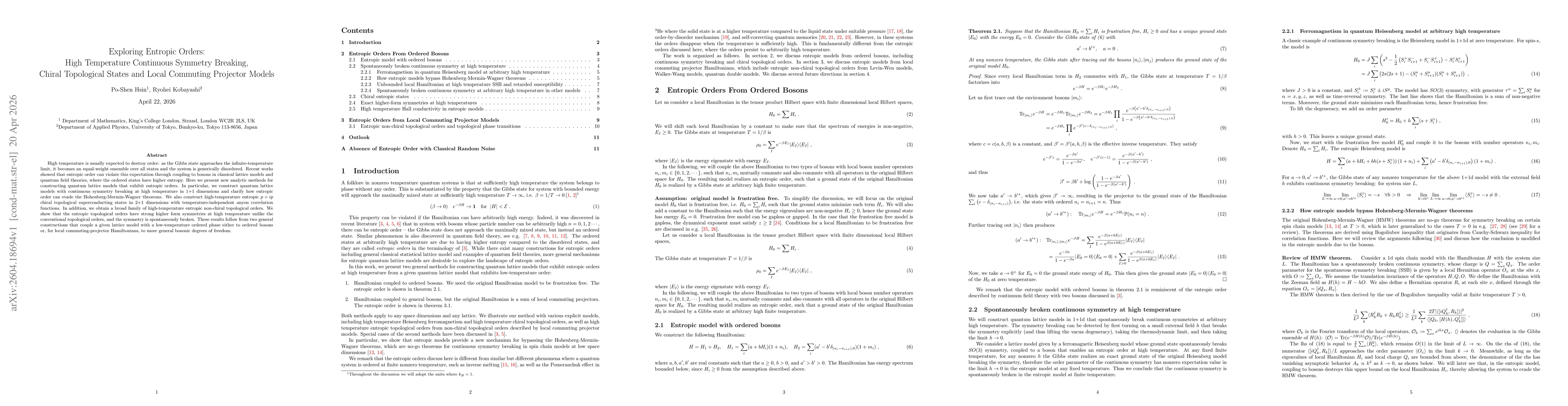 Thumbnail for Exploring Entropic Orders: High Temperature Continuous Symmetry Breaking, Chiral Topological States and Local Commuting Projector Models
