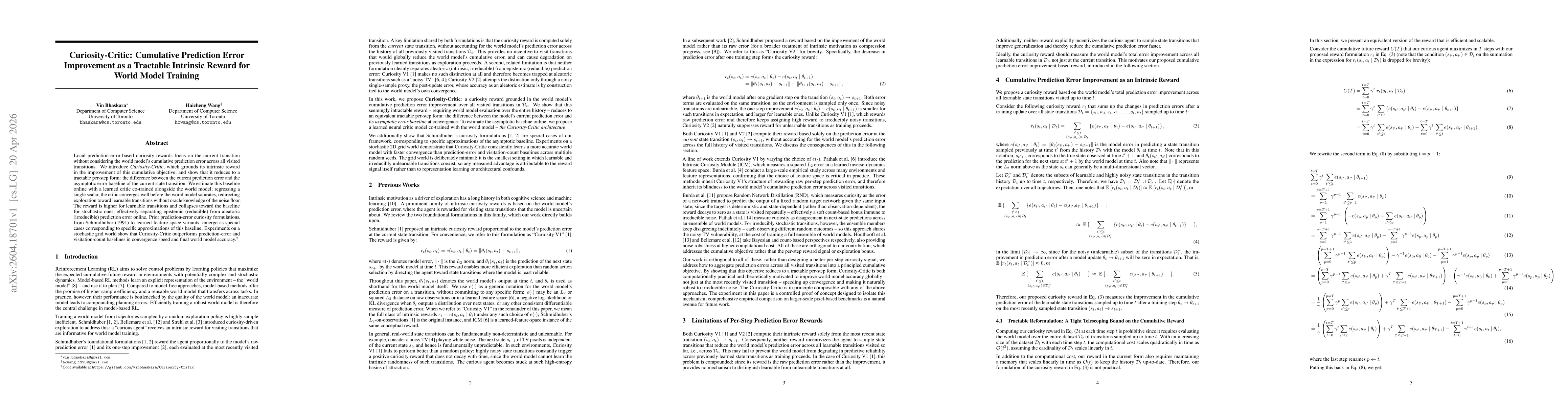 Thumbnail for Curiosity-Critic: Cumulative Prediction Error Improvement as a Tractable Intrinsic Reward for World Model Training