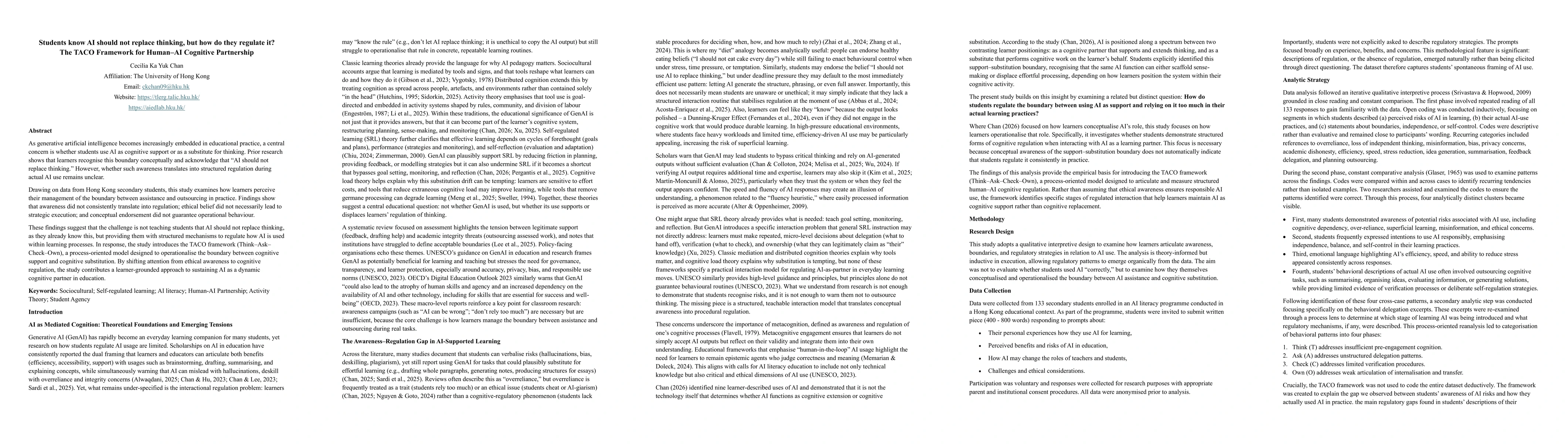 Thumbnail for Students Know AI Should Not Replace Thinking, but How Do They Regulate It? The TACO Framework for Human-AI Cognitive Partnership
