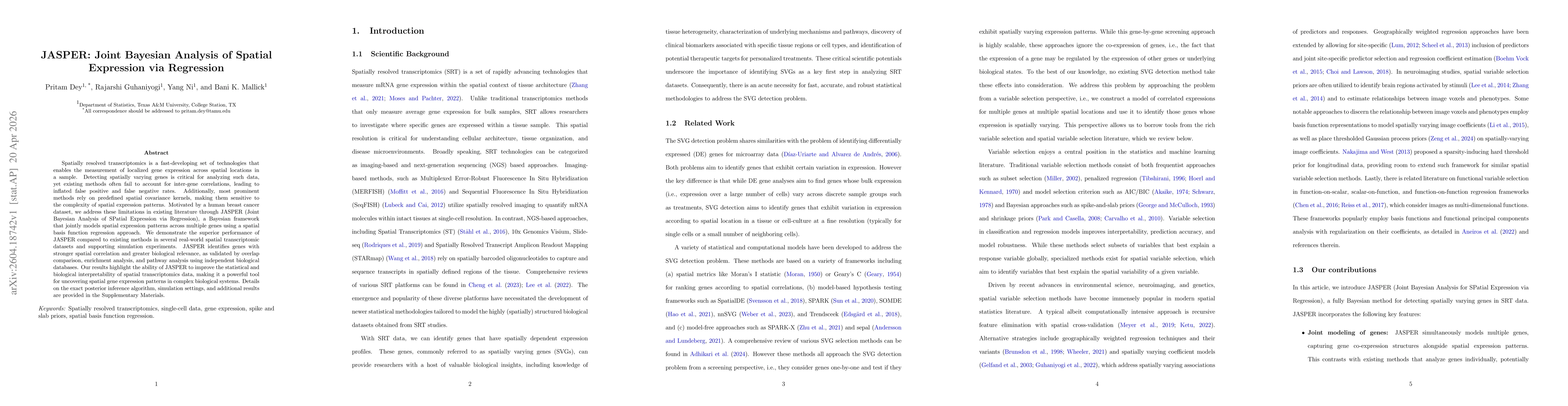 Thumbnail for JASPER: Joint Bayesian Analysis of Spatial Expression via Regression