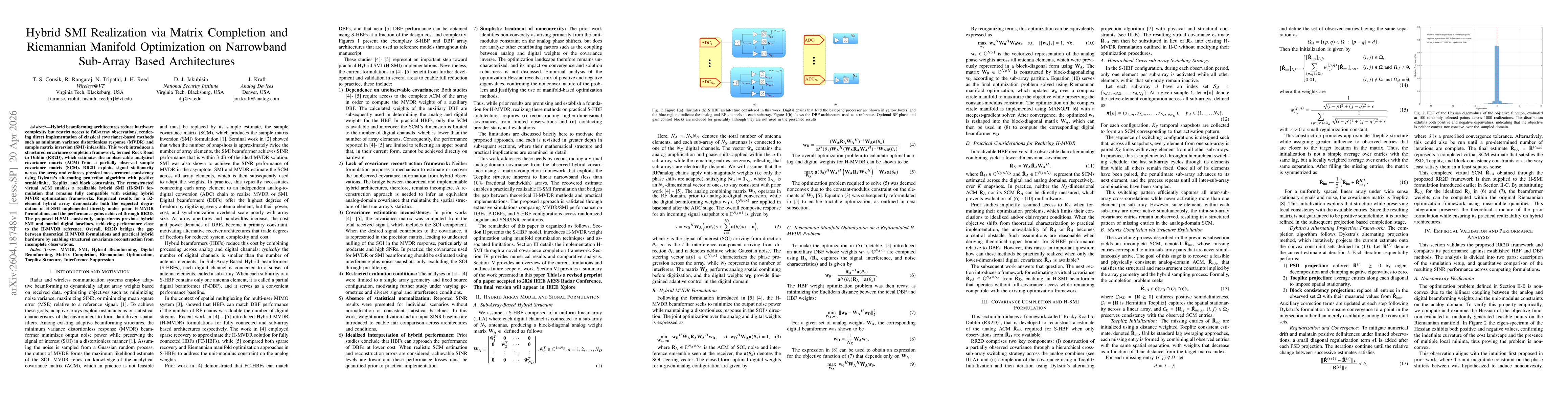 Thumbnail for Hybrid SMI Realization via Matrix Completion and Riemannian Manifold Optimization on Narrowband Sub-Array Based Architectures