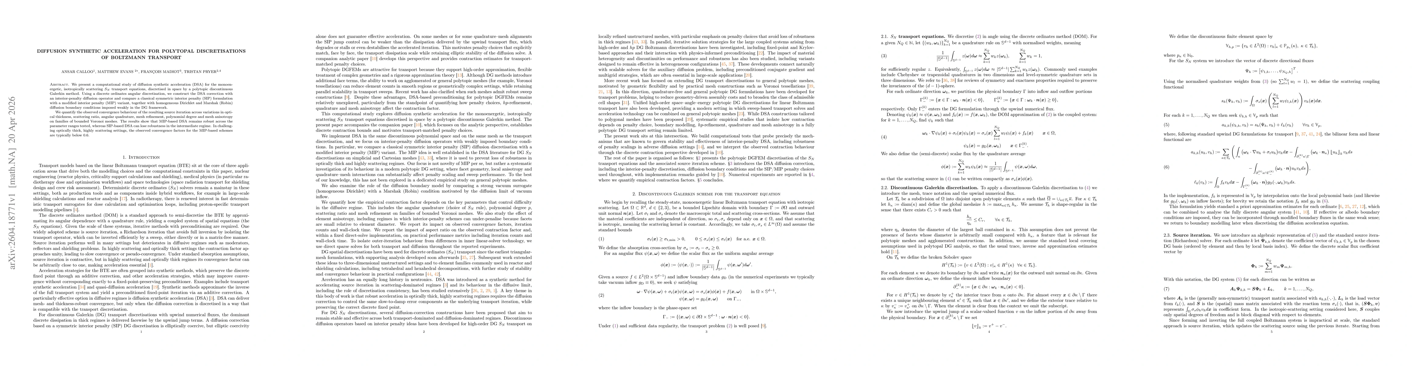 Thumbnail for Diffusion Synthetic Acceleration for polytopic discretisations of Boltzmann transport
