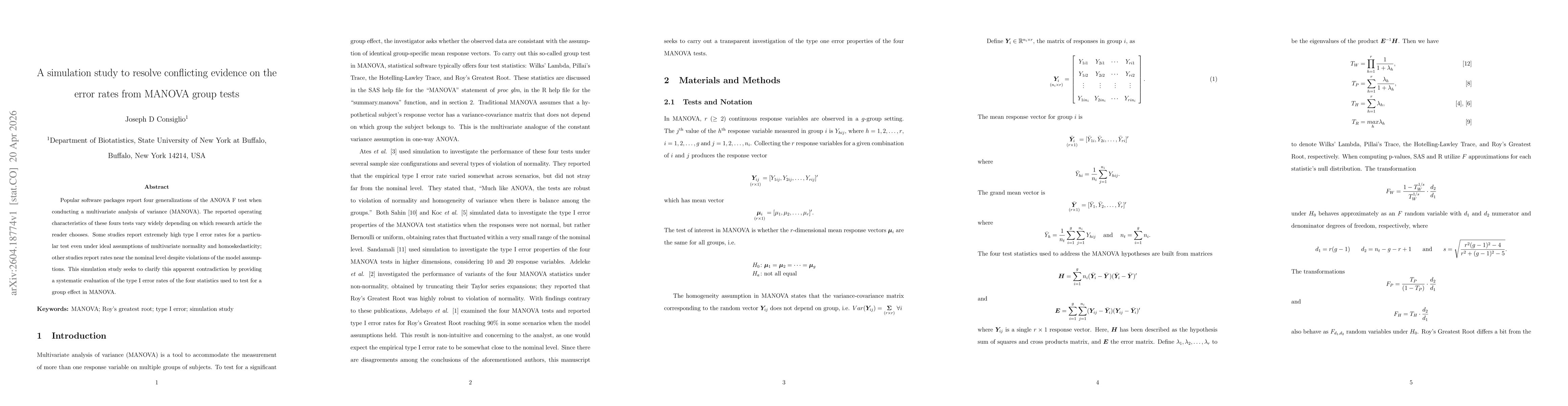 Thumbnail for A simulation study to resolve conflicting evidence on the error rates from MANOVA group tests