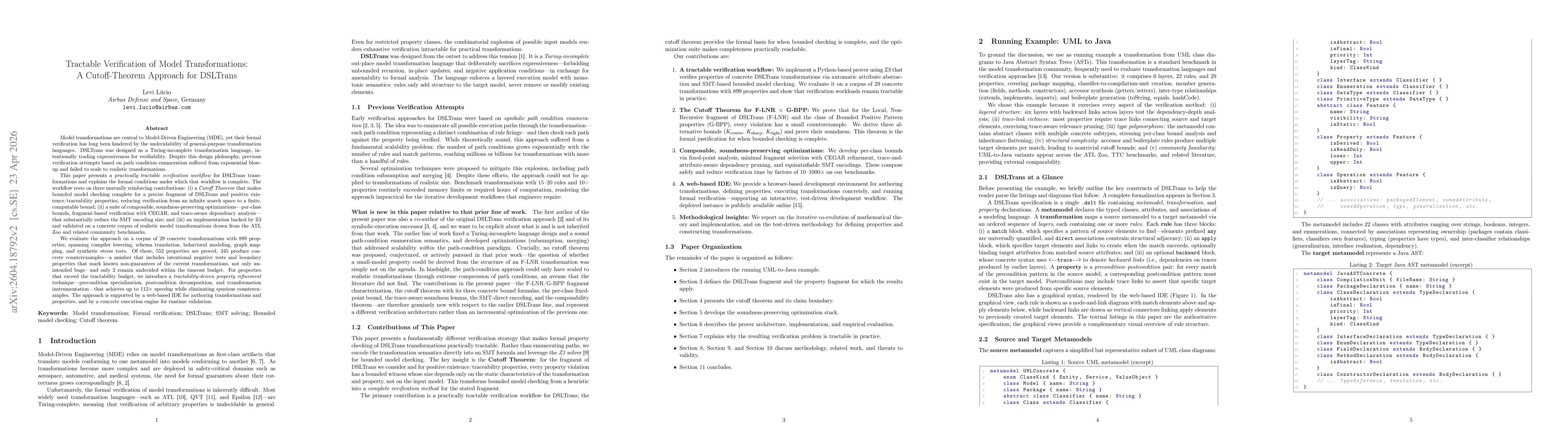Thumbnail for Tractable Verification of Model Transformations: A Cutoff-Theorem Approach for DSLTrans