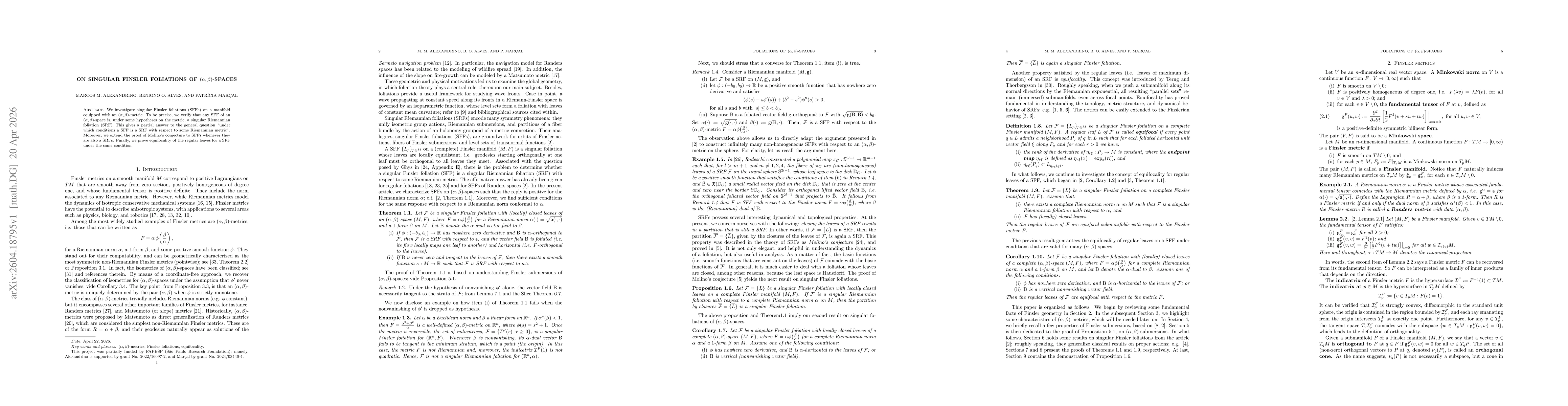 Thumbnail for On singular Finsler foliations of $(α,β)$-spaces