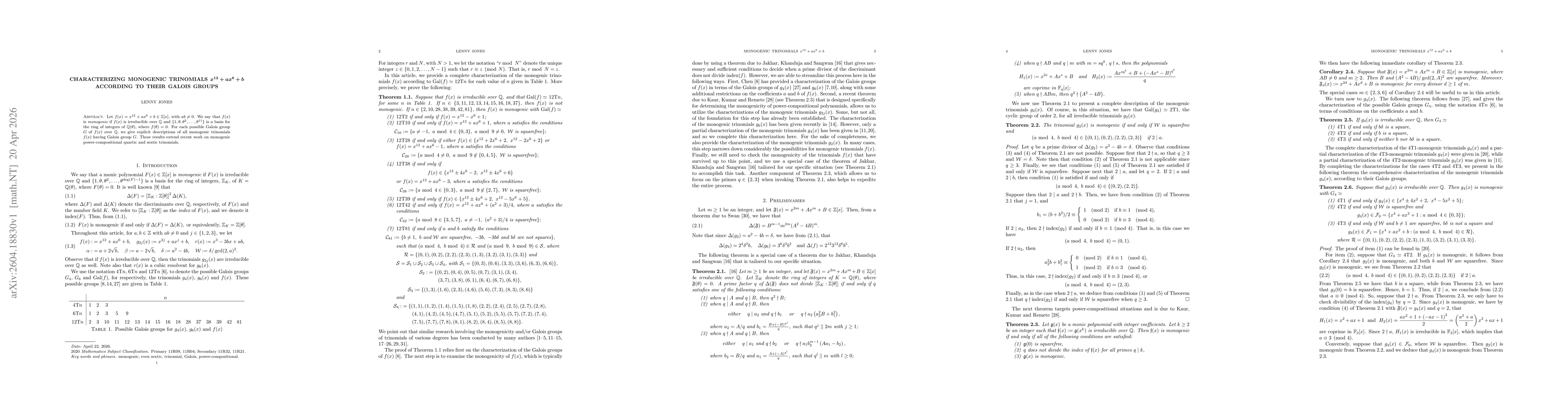 Thumbnail for Characterizing monogenic trinomials $\boldsymbol{x^{12}+ax^6+b}$ according to their Galois groups