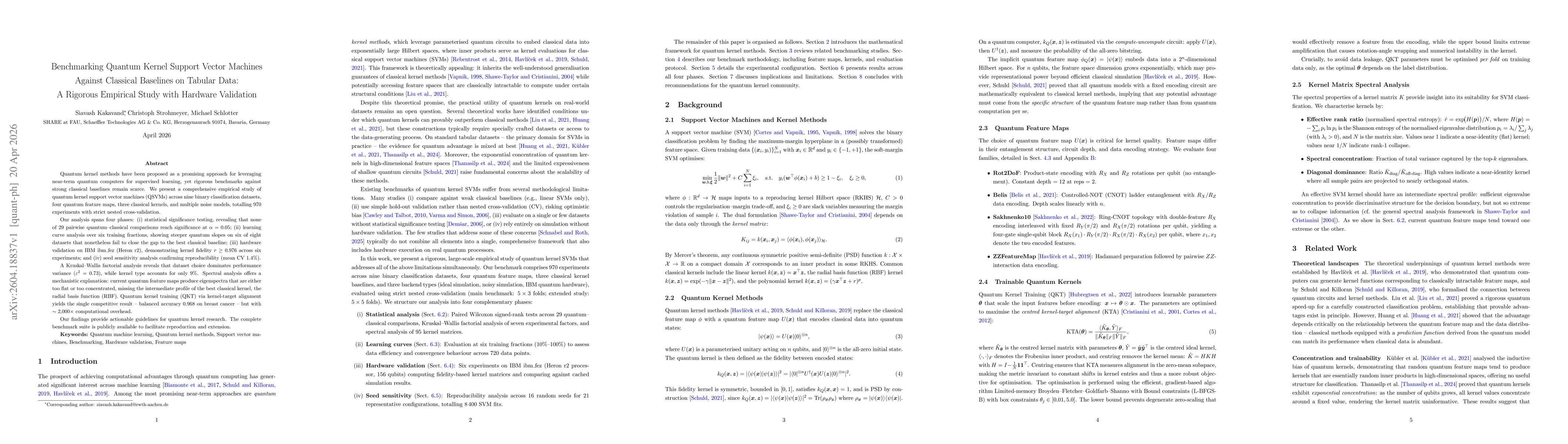 Thumbnail for Benchmarking Quantum Kernel Support Vector Machines Against Classical Baselines on Tabular Data: A Rigorous Empirical Study with Hardware Validation