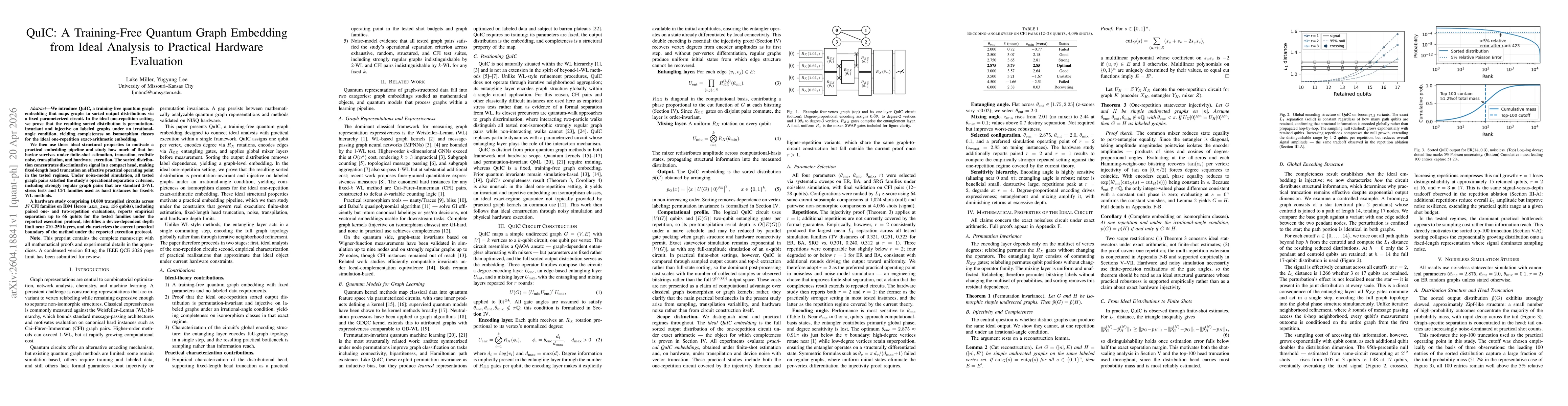 Thumbnail for QuIC: A Training-Free Quantum Graph Embedding from Ideal Analysis to Practical Hardware Evaluation