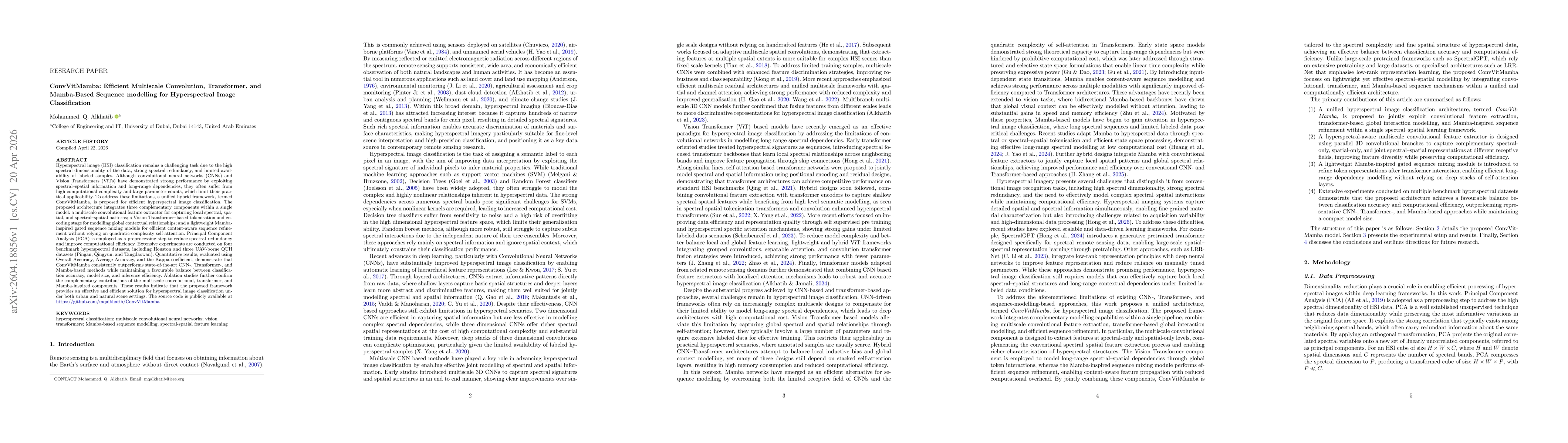 Thumbnail for ConvVitMamba: Efficient Multiscale Convolution, Transformer, and Mamba-Based Sequence modelling for Hyperspectral Image Classification