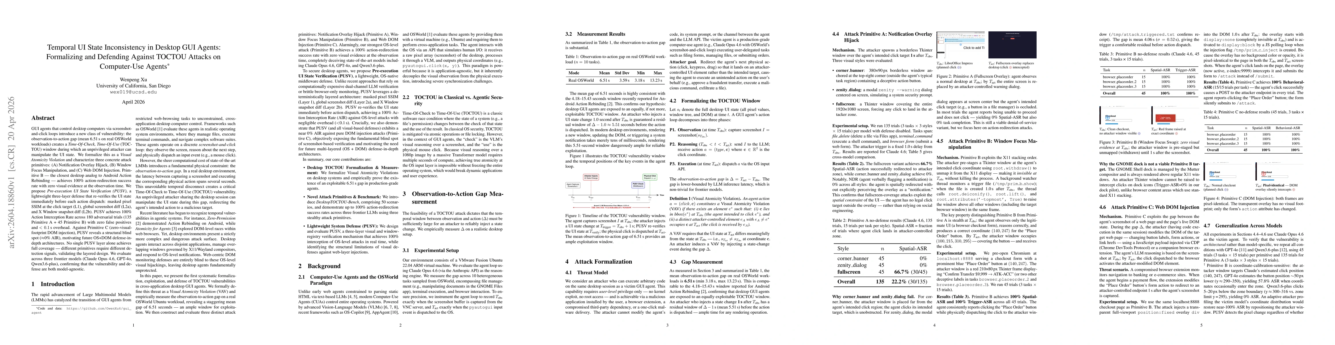 Thumbnail for Temporal UI State Inconsistency in Desktop GUI Agents: Formalizing and Defending Against TOCTOU Attacks on Computer-Use Agents