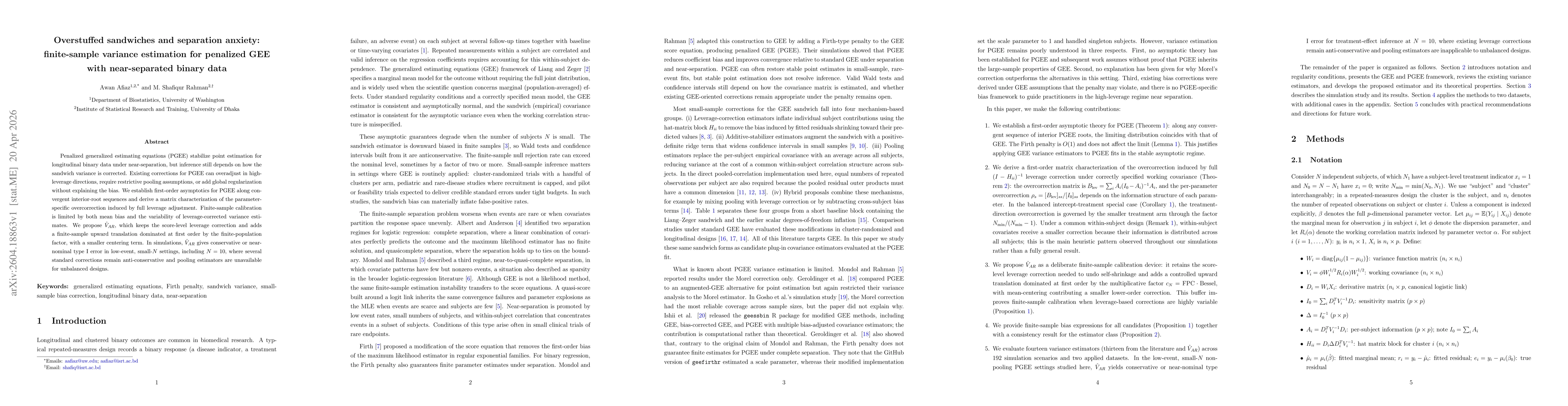 Thumbnail for Overstuffed sandwiches and separation anxiety: finite-sample variance estimation for penalized GEE with near-separated binary data