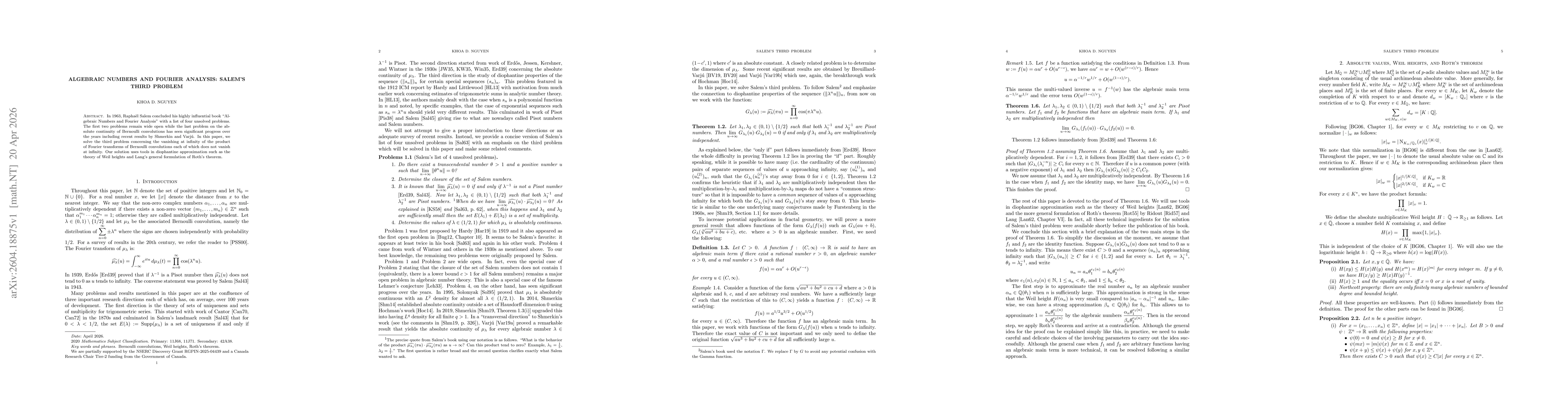 Thumbnail for Algebraic numbers and Fourier analysis: Salem's third problem