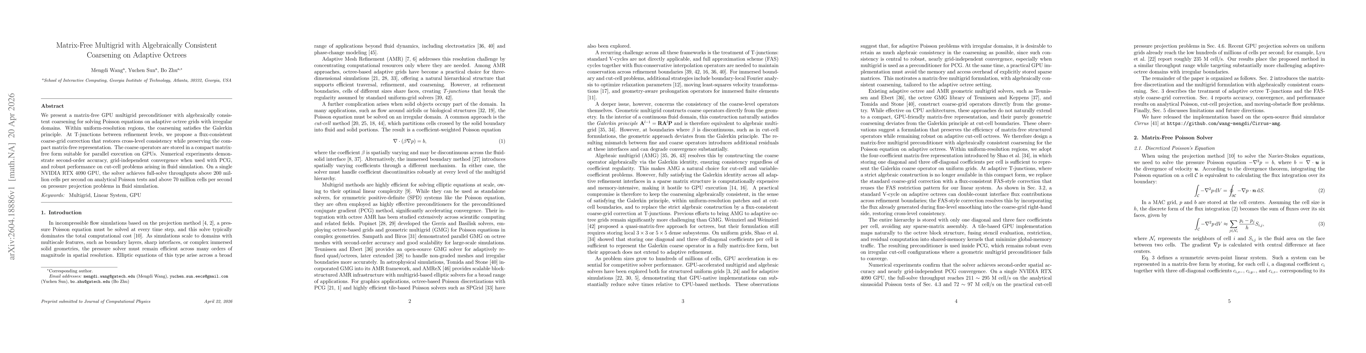 Thumbnail for Matrix-Free Multigrid with Algebraically Consistent Coarsening on Adaptive Octrees