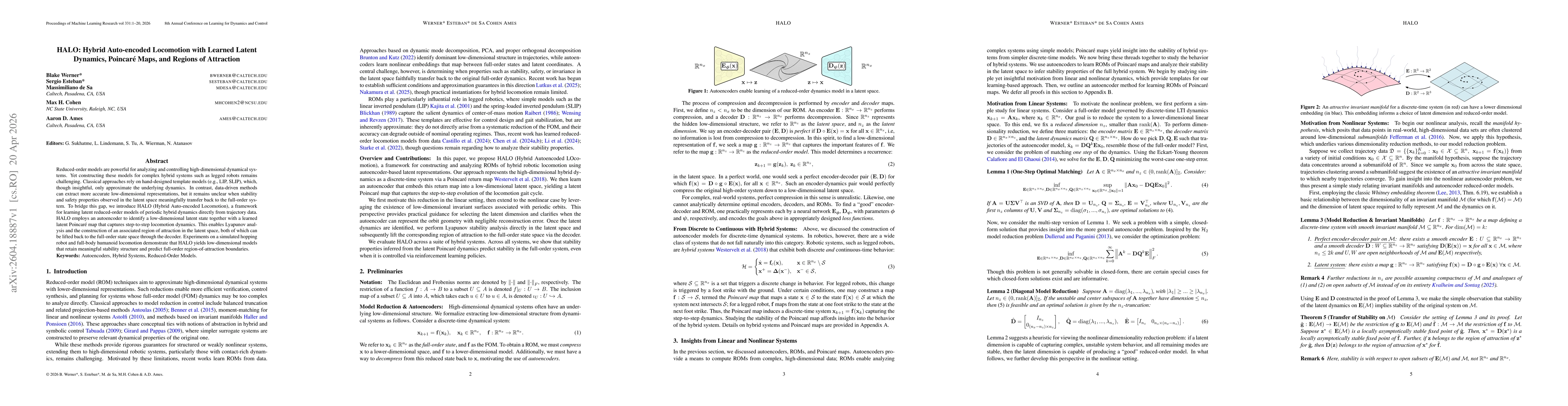 Thumbnail for HALO: Hybrid Auto-encoded Locomotion with Learned Latent Dynamics, Poincaré Maps, and Regions of Attraction