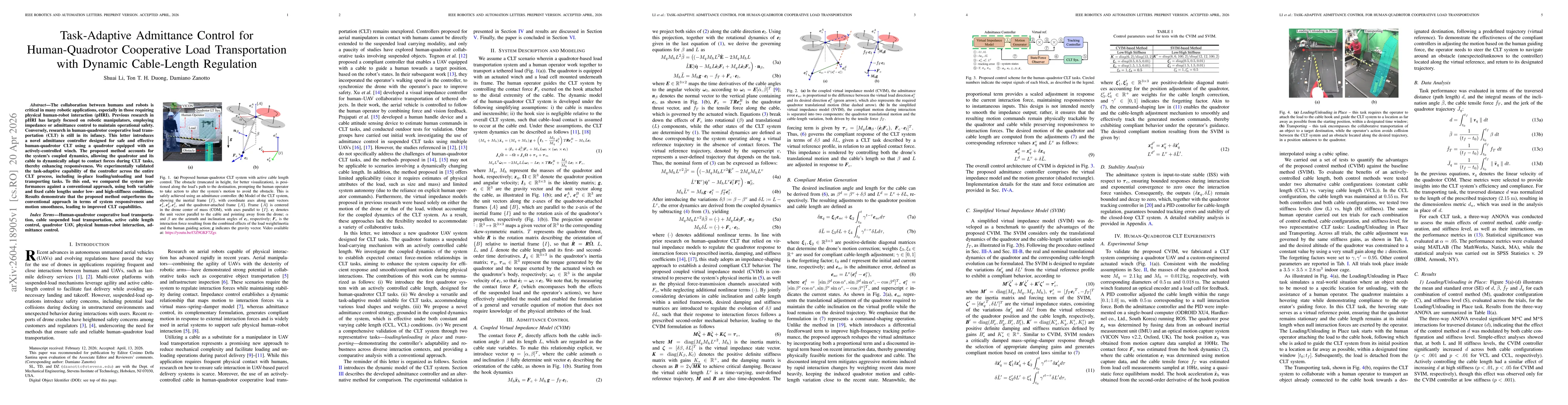 Thumbnail for Task-Adaptive Admittance Control for Human-Quadrotor Cooperative Load Transportation with Dynamic Cable-Length Regulation