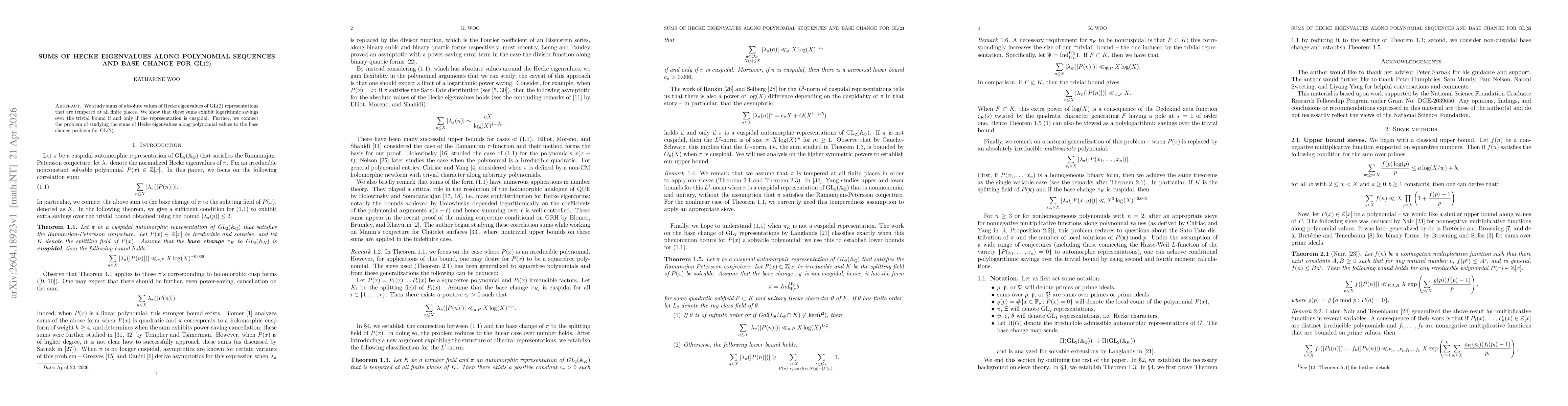 Thumbnail for Sums of Hecke eigenvalues along polynomial sequences and base change for $\text{GL}(2)$