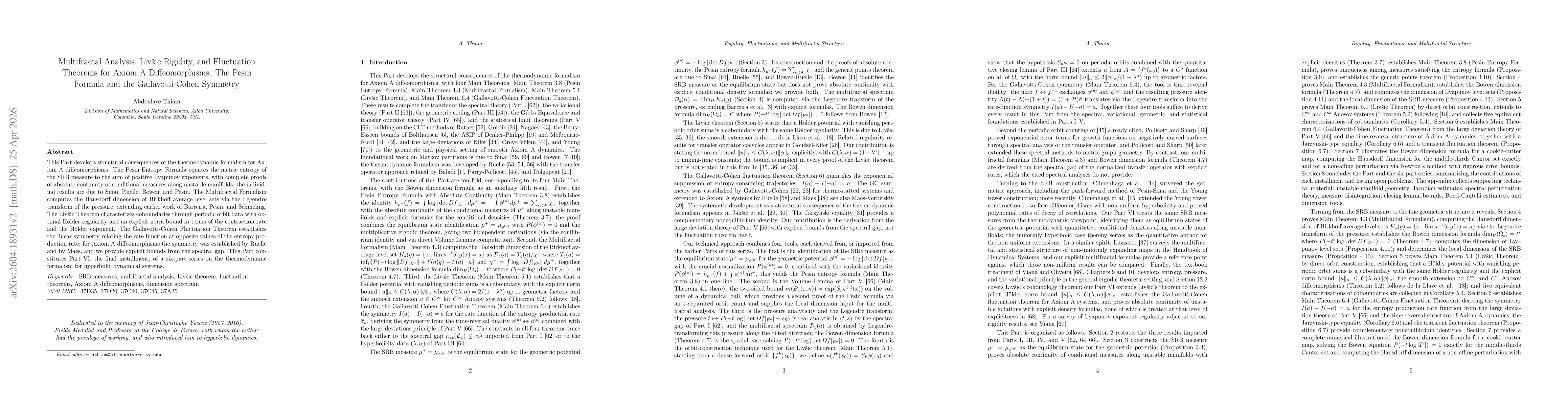 Thumbnail for Rigidity, Fluctuations, and Multifractal Structure of Axiom A Systems: SRB Measures, Livshits Rigidity, and Fluctuation Theorems