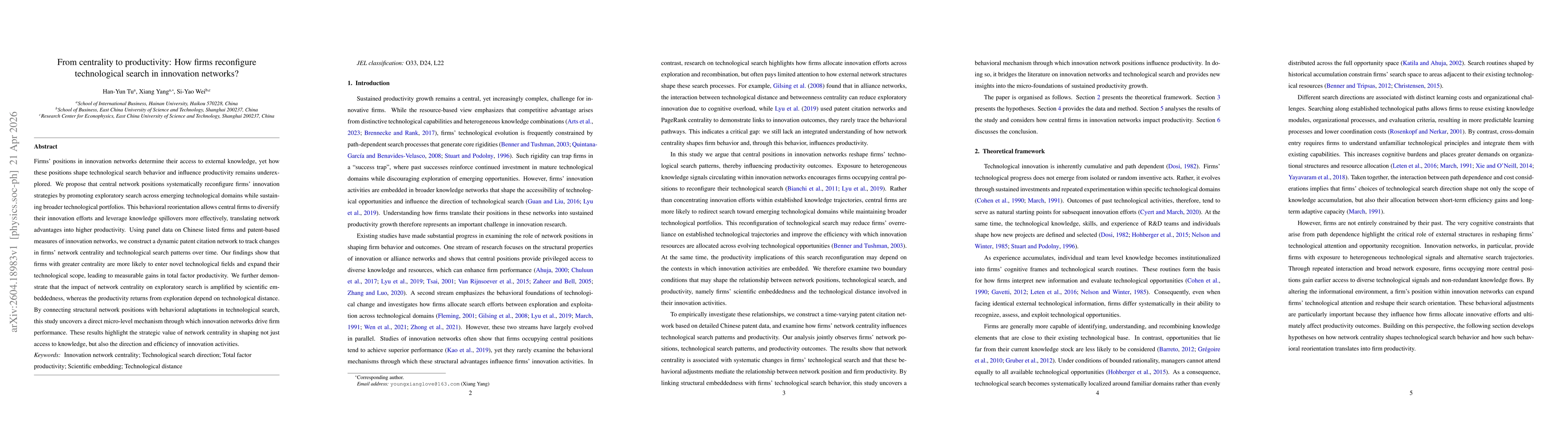 Thumbnail for From centrality to productivity: How firms reconfigure technological search in innovation networks?