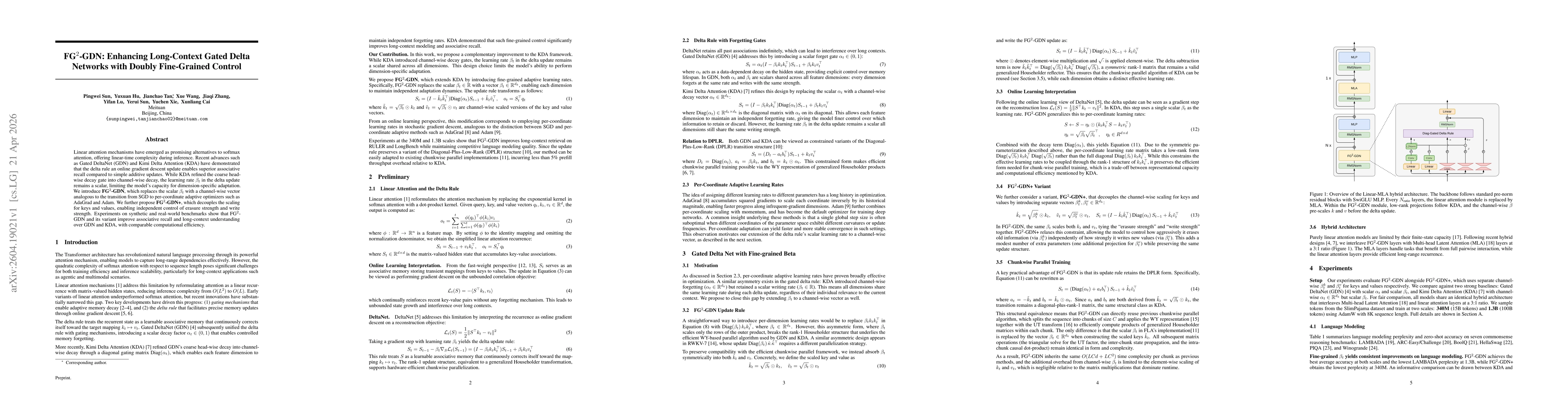 Thumbnail for FG$^2$-GDN: Enhancing Long-Context Gated Delta Networks with Doubly Fine-Grained Control