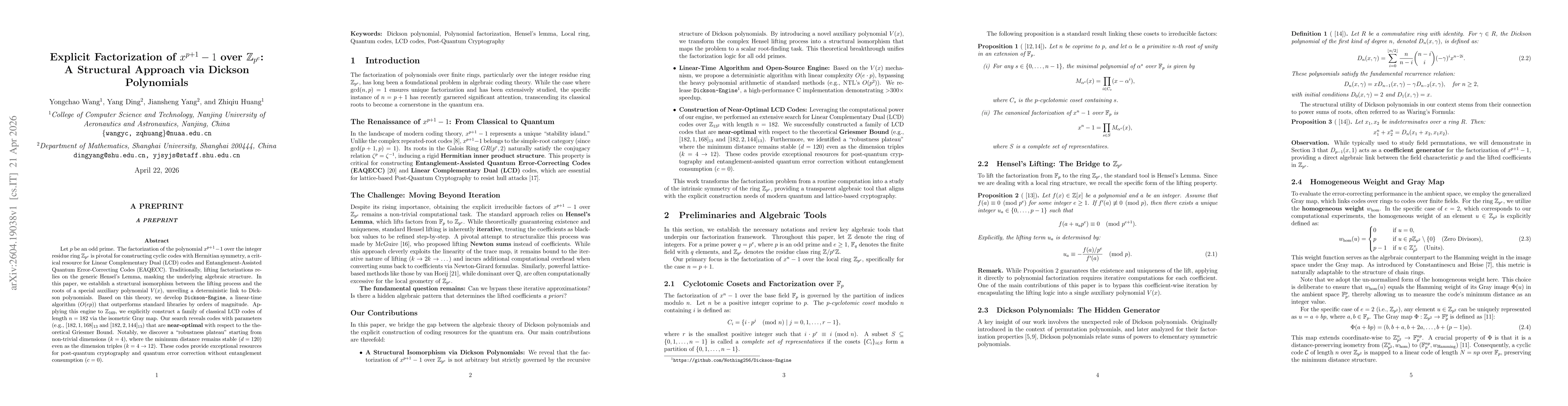 Thumbnail for Explicit Factorization of $x^{p+1}-1$ over $\mathbb{Z}_{p^e}$: A Structural Approach via Dickson Polynomials
