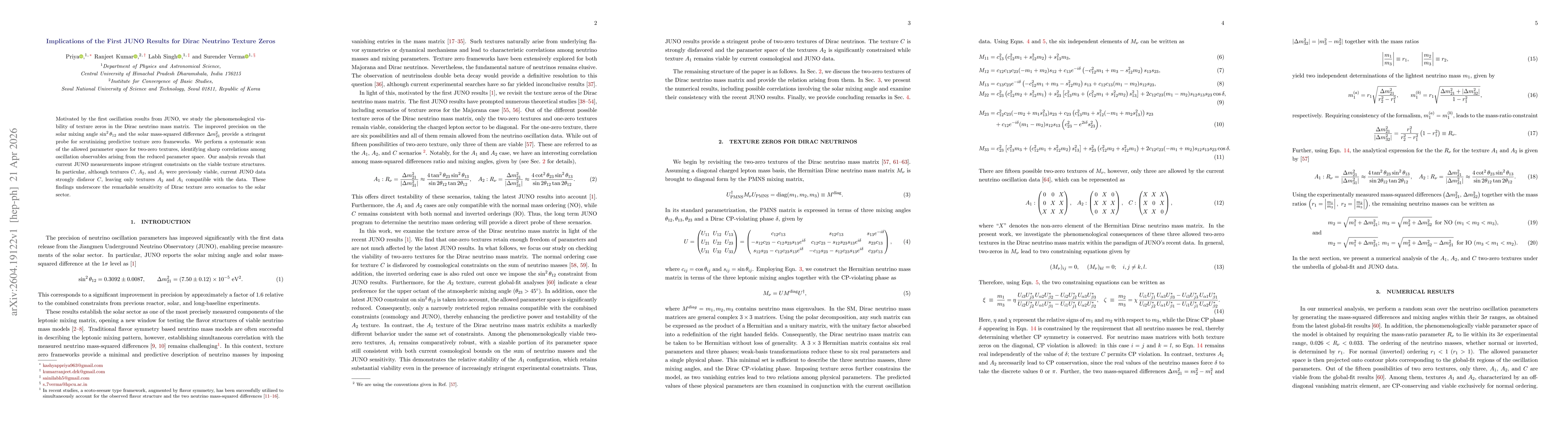 Thumbnail for Implications of the First JUNO Results for Dirac Neutrino Texture Zeros