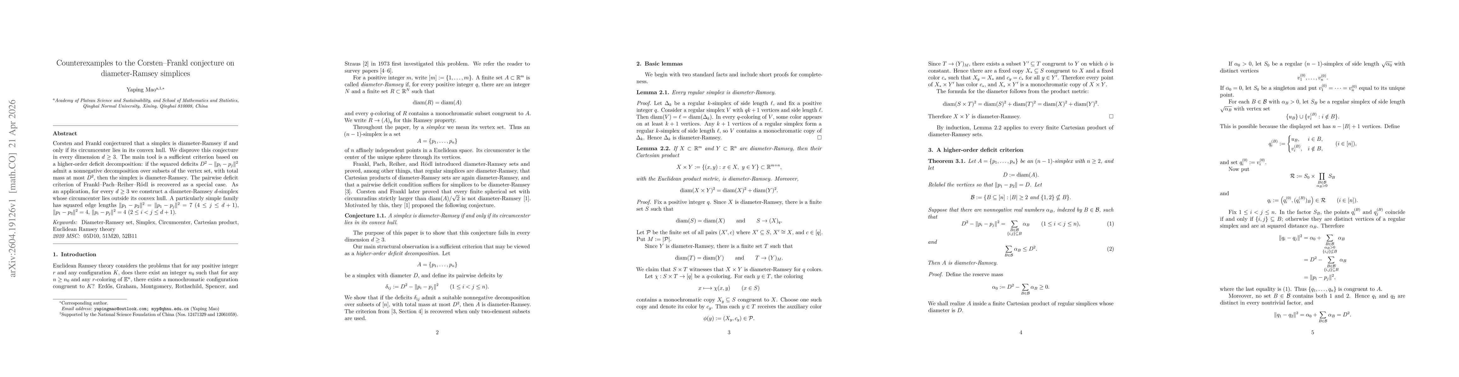 Thumbnail for Counterexamples to the Corsten-Frankl conjecture on diameter-Ramsey simplices