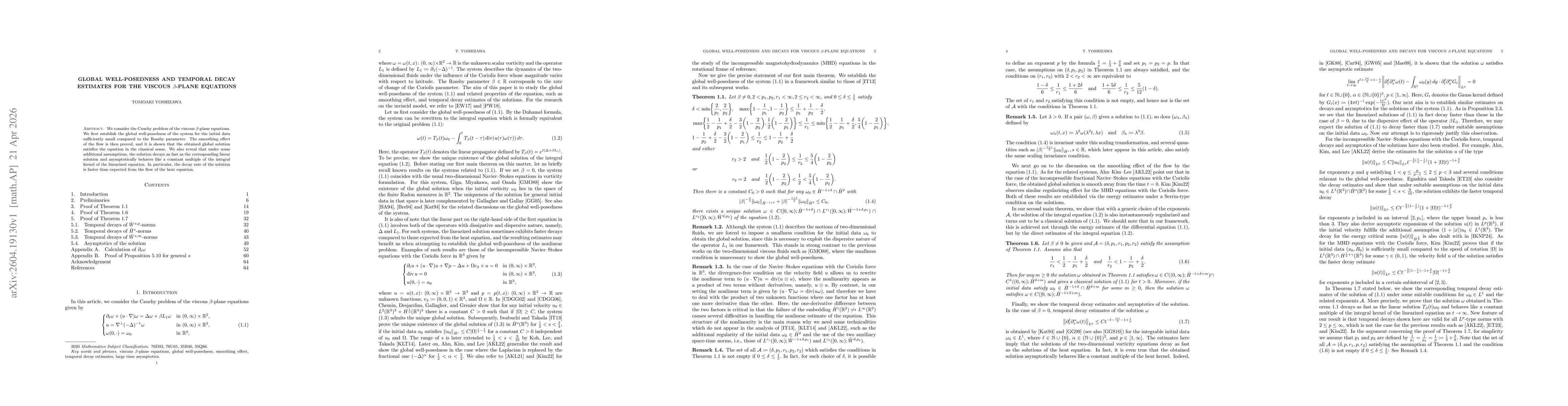 Thumbnail for Global well-posedness and temporal decay estimates for the viscous $β$-plane equations