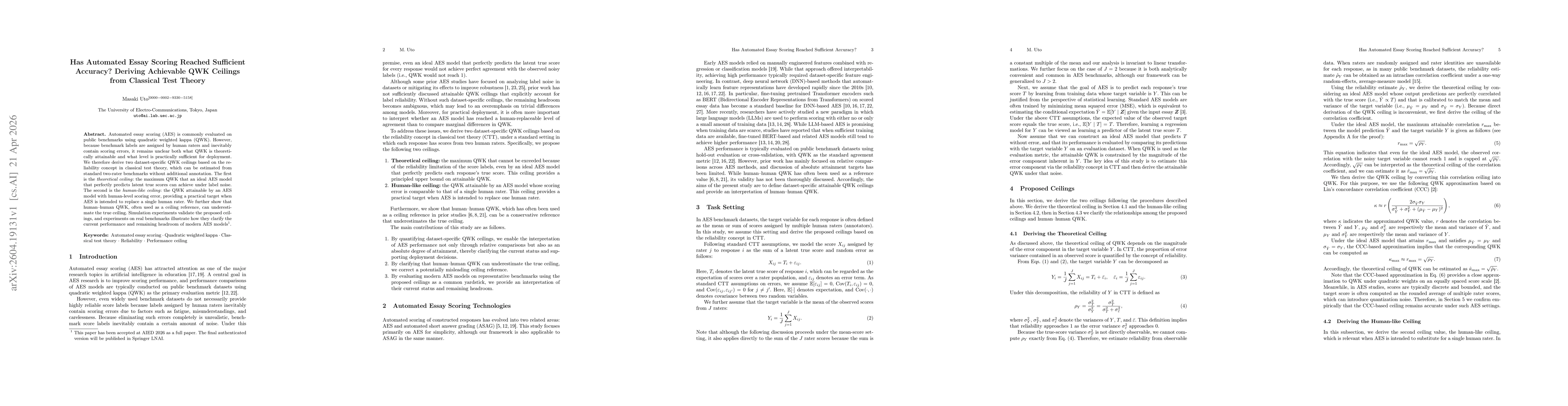 Thumbnail for Has Automated Essay Scoring Reached Sufficient Accuracy? Deriving Achievable QWK Ceilings from Classical Test Theory