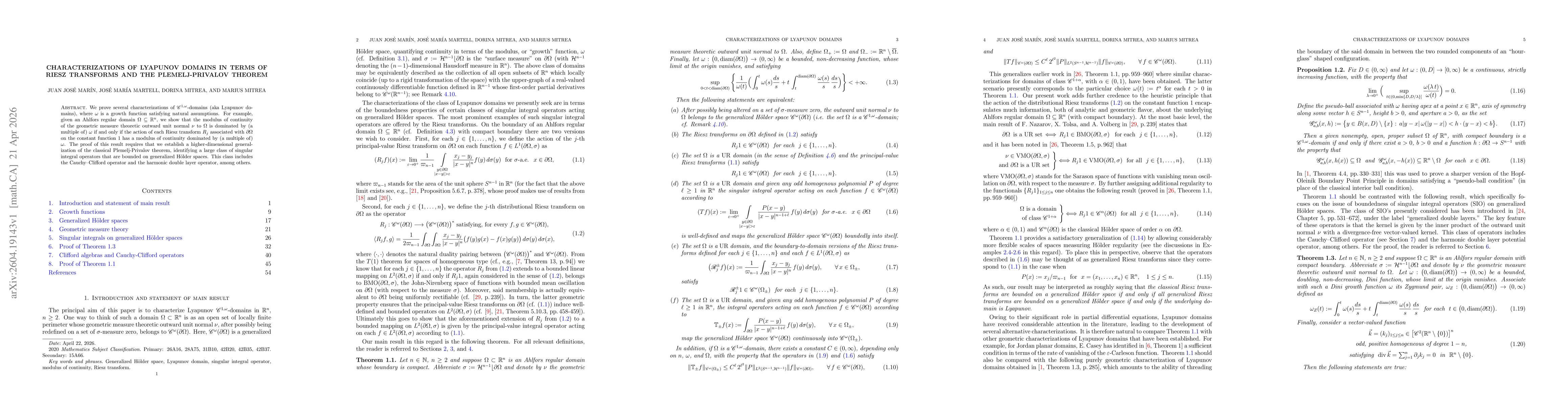 Thumbnail for Characterizations of Lyapunov domains in terms of Riesz transforms and the Plemelj-Privalov theorem