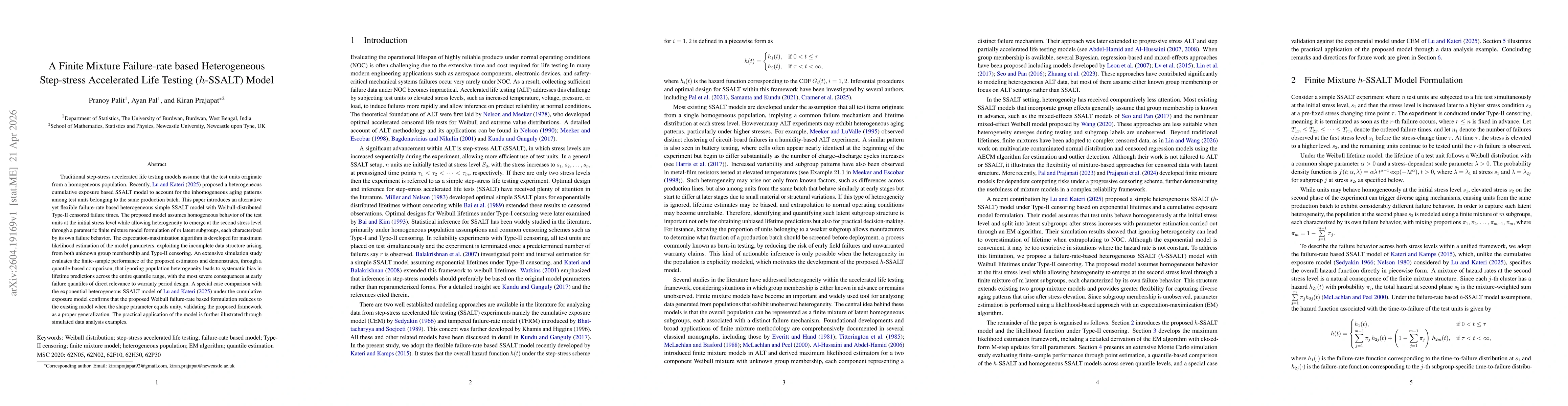 Thumbnail for A Finite Mixture Failure-rate based Heterogeneous Step-stress Accelerated Life Testing (h-SSALT) Model