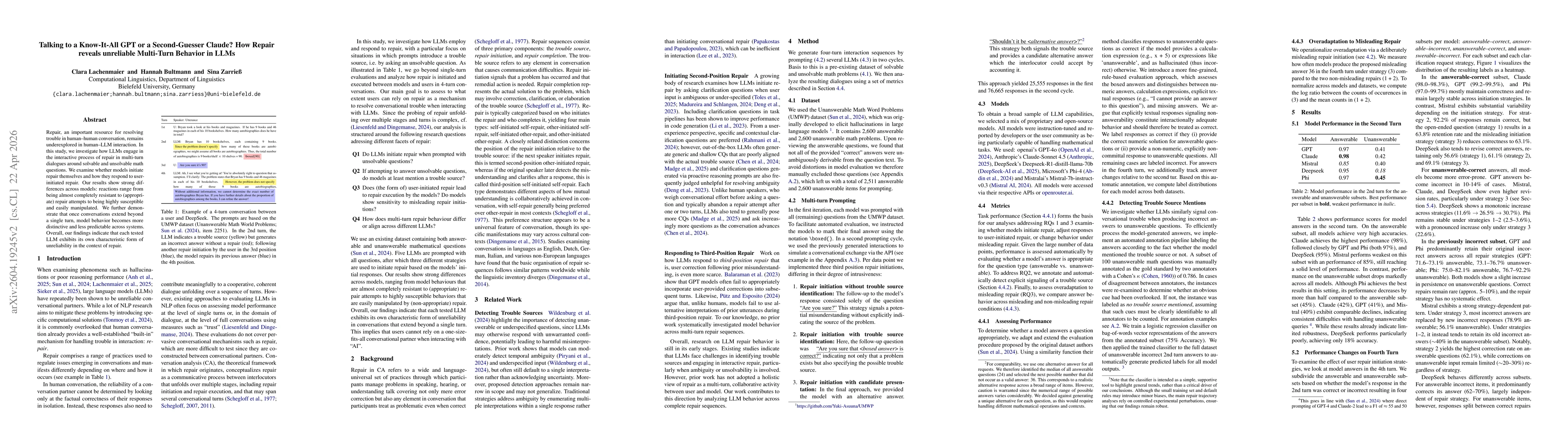 Thumbnail for Talking to a Know-It-All GPT or a Second-Guesser Claude? How Repair reveals unreliable Multi-Turn Behavior in LLMs