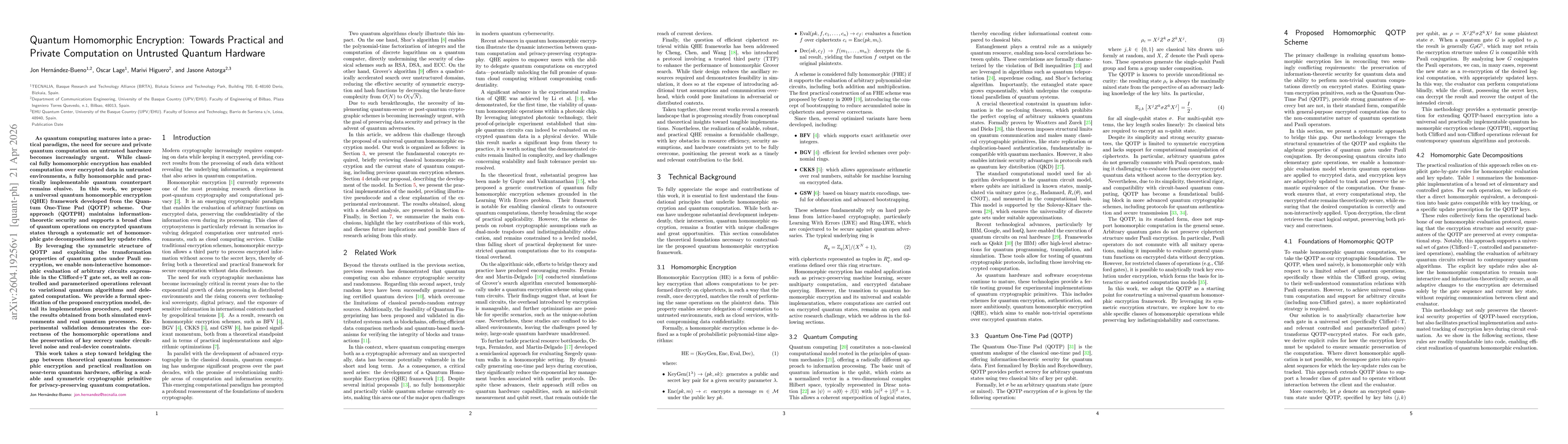 Thumbnail for Quantum Homomorphic Encryption: Towards Practical and Private Computation on Untrusted Quantum Hardware
