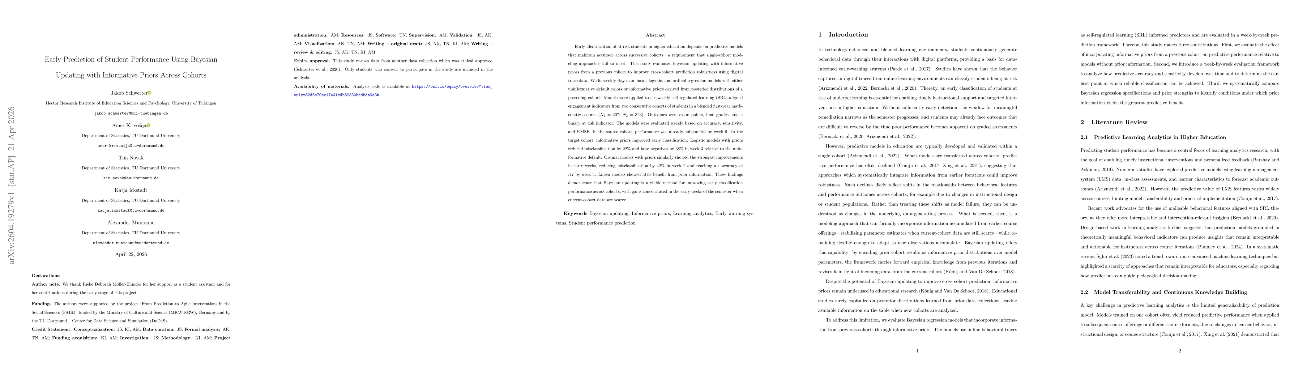Thumbnail for Early Prediction of Student Performance Using Bayesian Updating with Informative Priors Across Cohorts