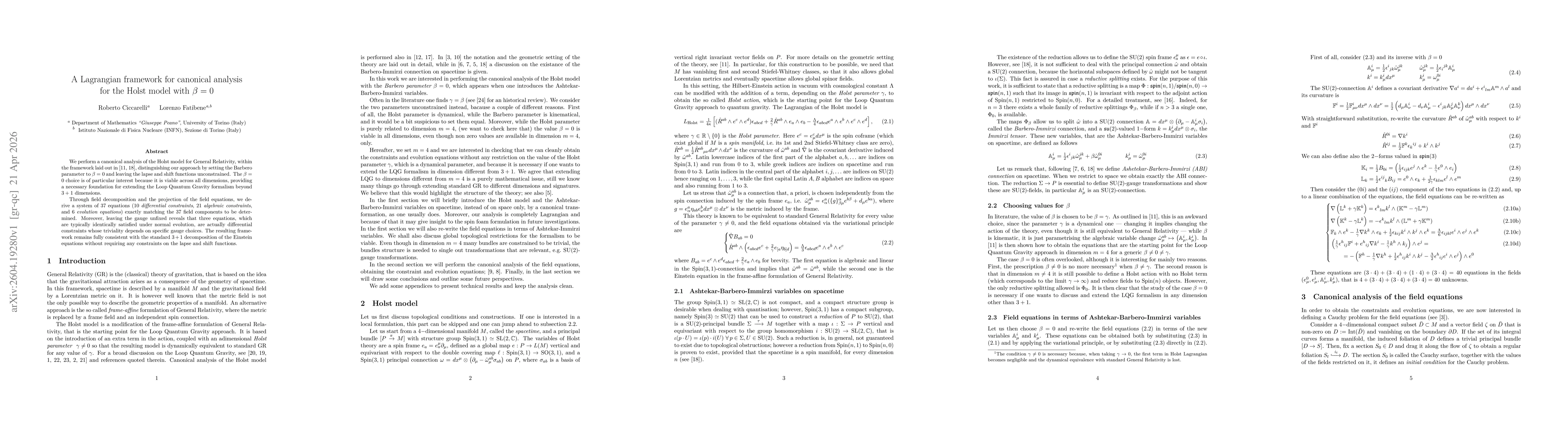 Thumbnail for A Lagrangian framework for canonical analysis for the Holst model with $β= 0$
