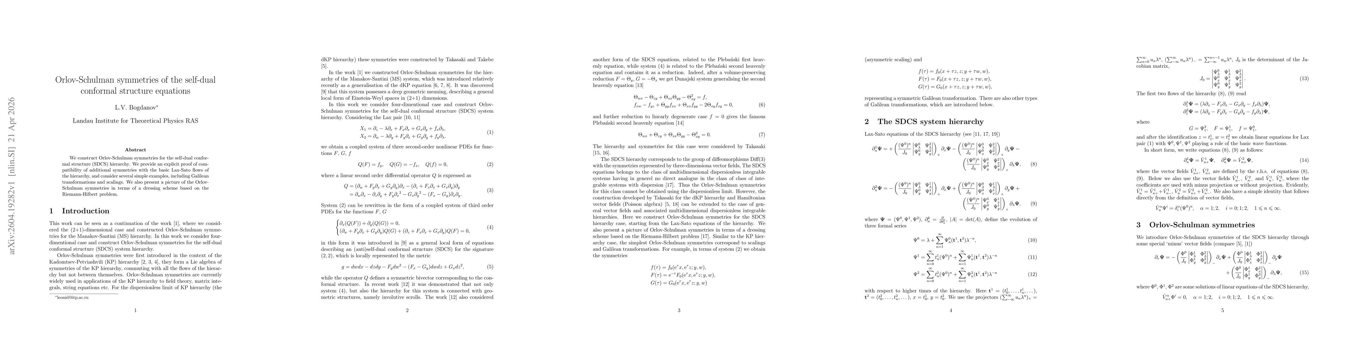 Thumbnail for Orlov-Schulman symmetries of the self-dual conformal structure equations