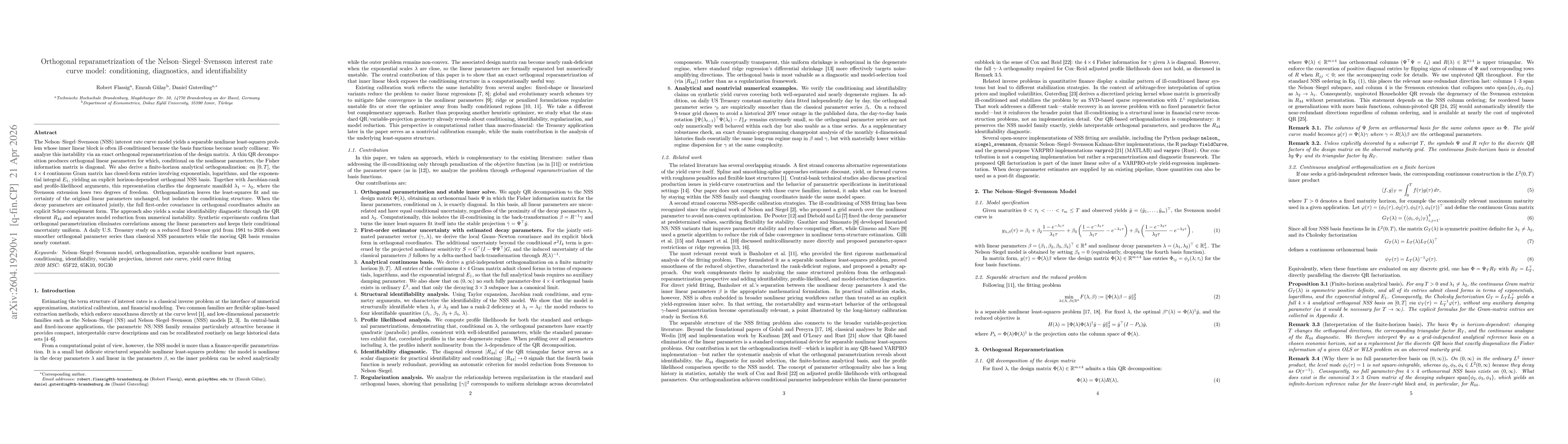 Thumbnail for Orthogonal reparametrization of the Nelson-Siegel-Svensson interest rate curve model: conditioning, diagnostics, and identifiability
