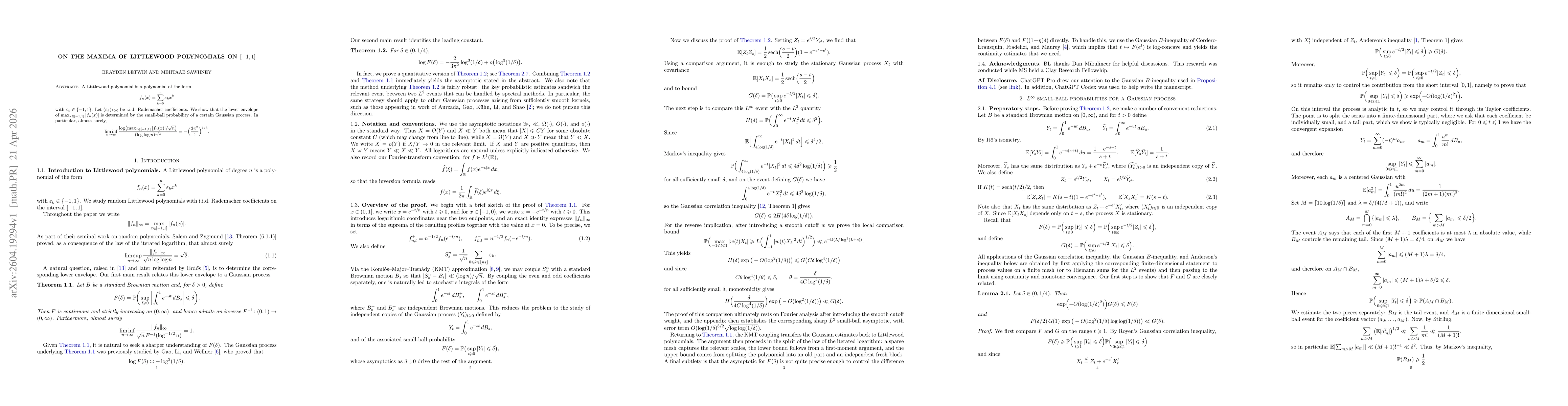 Thumbnail for On the maxima of Littlewood polynomials on $[-1,1]$