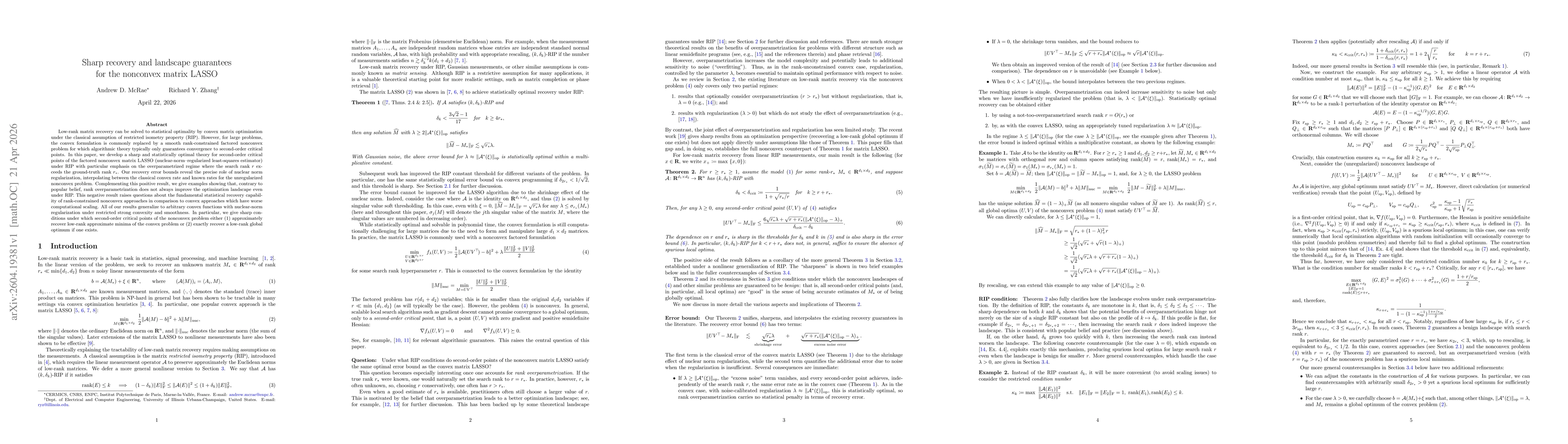 Thumbnail for Sharp recovery and landscape guarantees for the nonconvex matrix LASSO