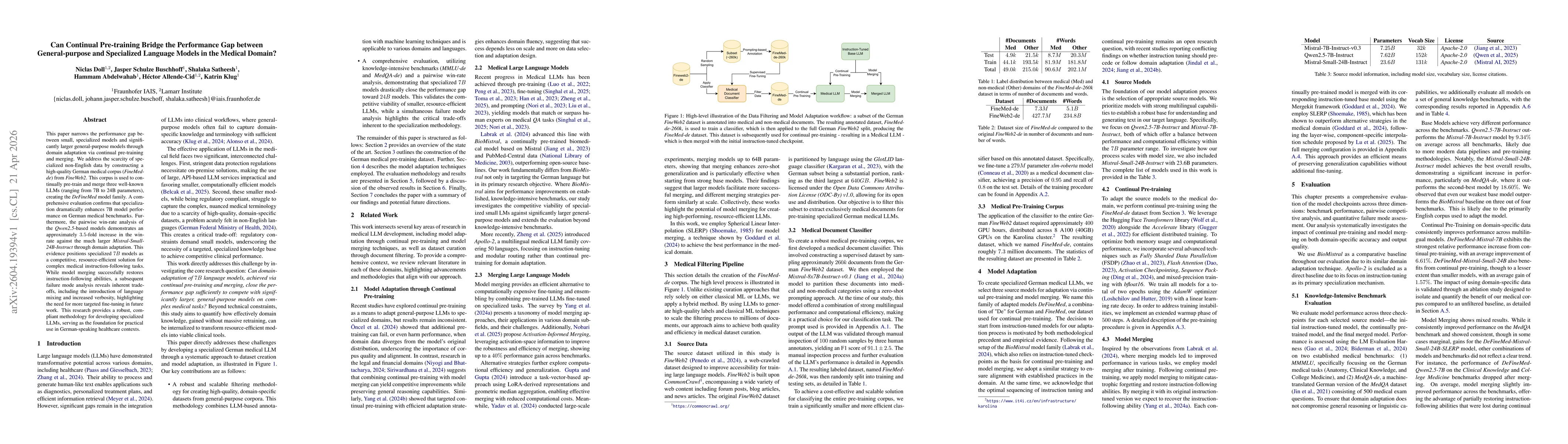 Thumbnail for Can Continual Pre-training Bridge the Performance Gap between General-purpose and Specialized Language Models in the Medical Domain?