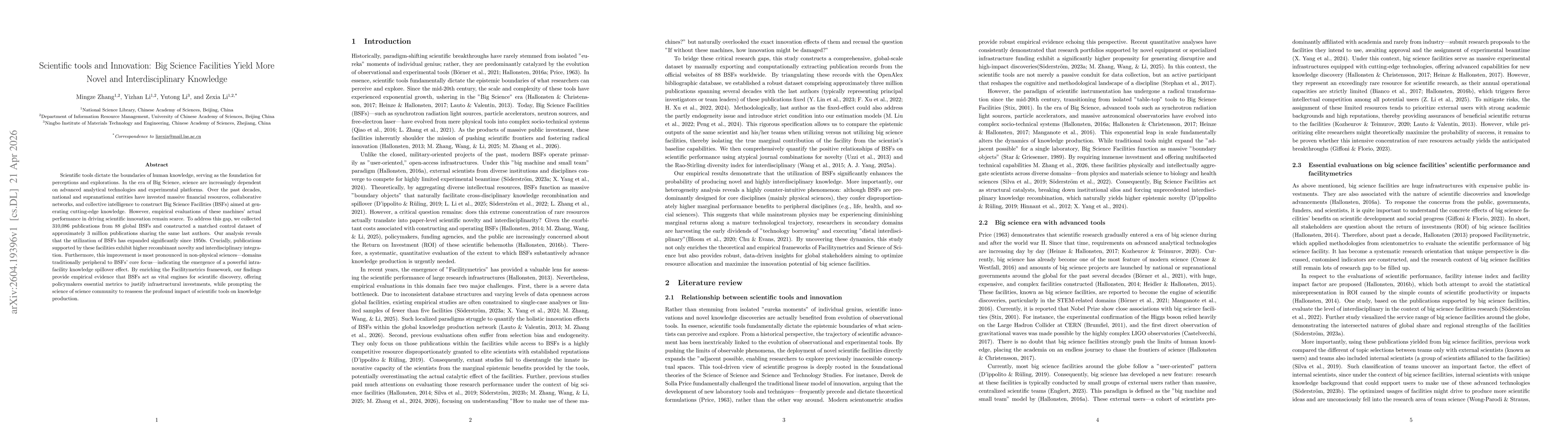 Thumbnail for Scientific tools and Innovation: Big Science Facilities Yield More Novel and Interdisciplinary Knowledge